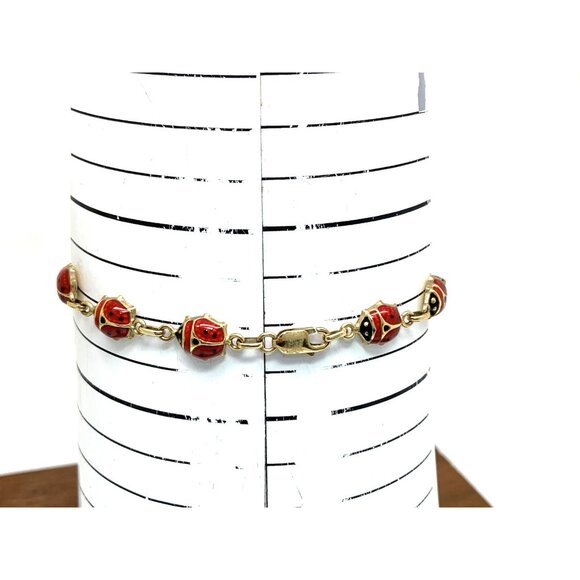 Red Lady Bug Bracelet 14k Yellow Gold Chain Women's 6.5'' Wrist Estate Jewelry - Picture 5 of 13